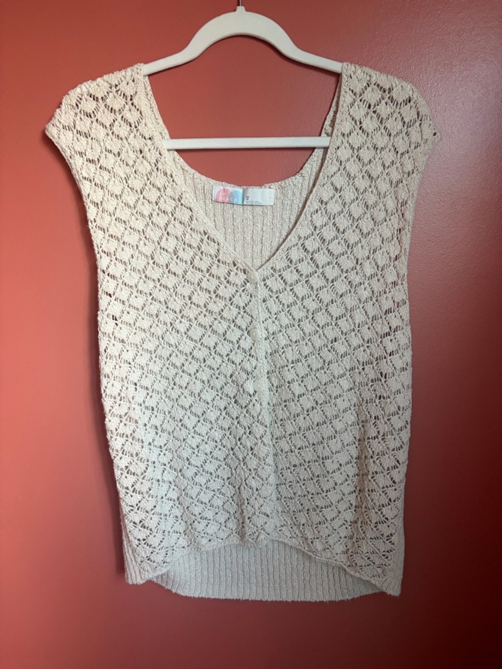 Free People Cream Openwork V-Neck Knit Vest